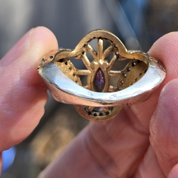 Amethyst & white Topaz Hamsa Sterling Bronze & Gold ring Sz8.5 - Picture 8 of 8